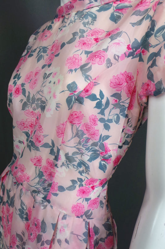 1950s Pink Rose Print Sheer Dress | St Michael | M