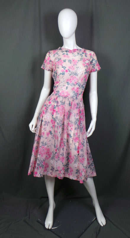 1950s Semi Sheer Pink Rose Print Dress, by St Michael, 39in Bust