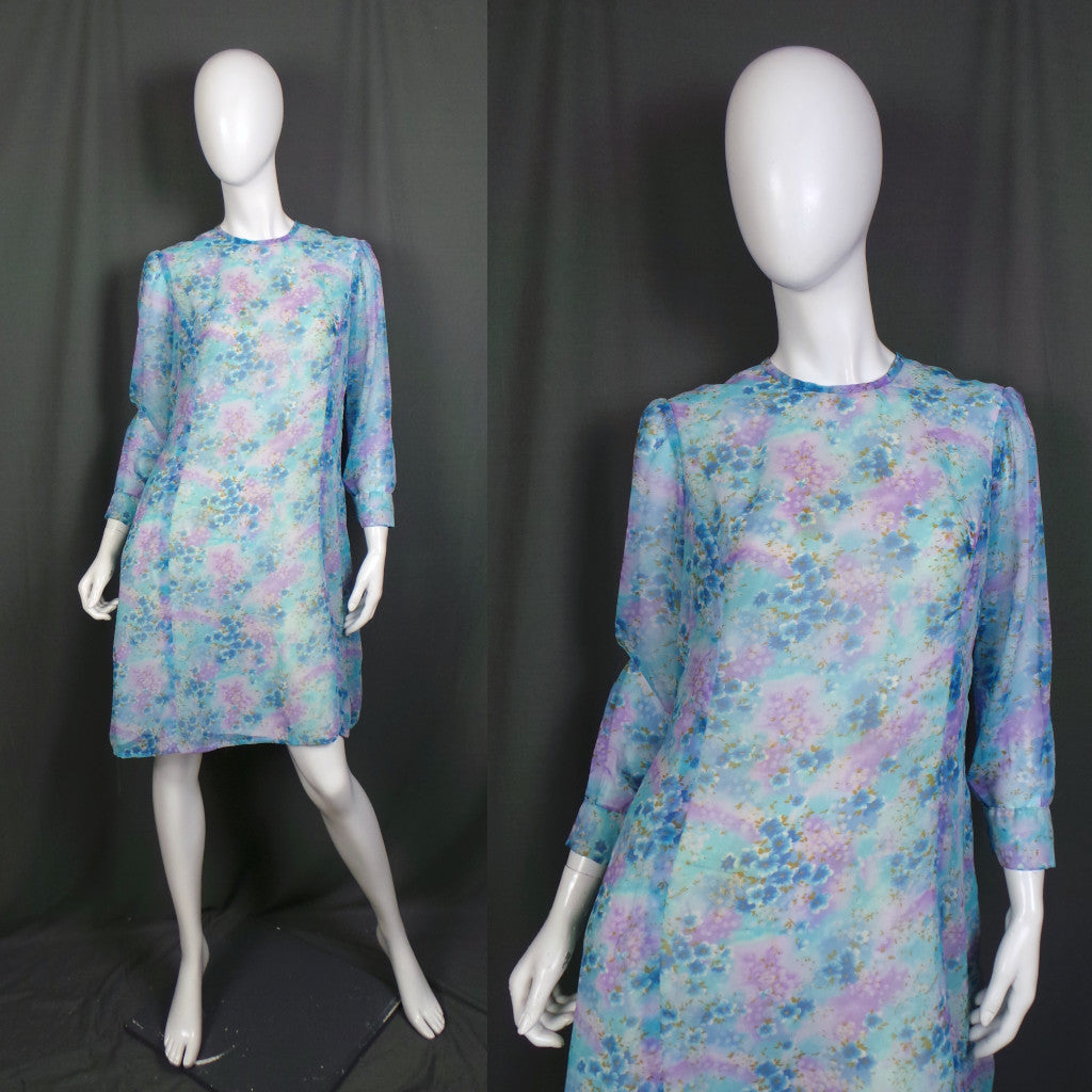 1960s Blue Floral Semi Sheer Sleeve Vintage Dress