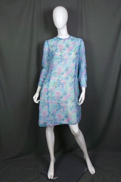 1960s Blue Floral Semi Sheer Sleeve Vintage Dress