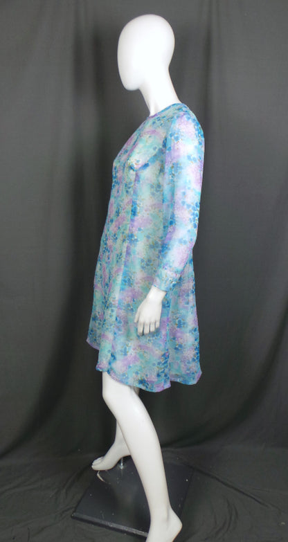 1960s Light Blue Floral Semi Sheer Sleeve Dress, 40in Bust