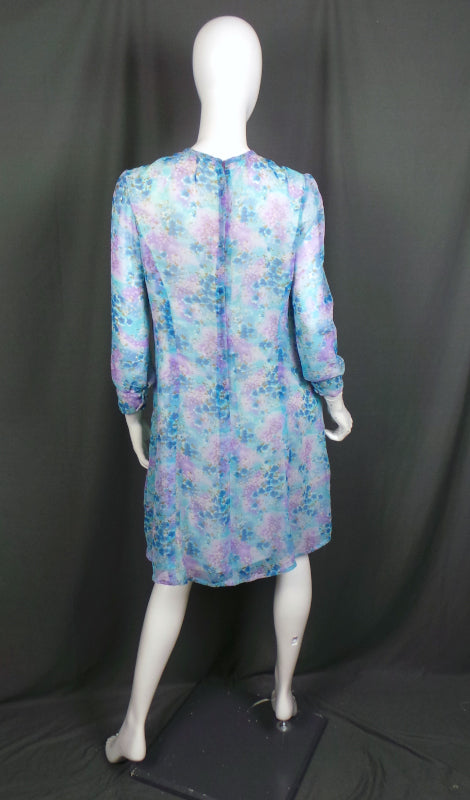 1960s Blue Floral Semi Sheer Sleeve Dress | L