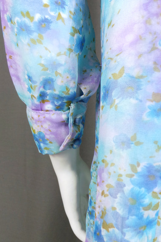 1960s Light Blue Floral Semi Sheer Sleeve Dress, 40in Bust
