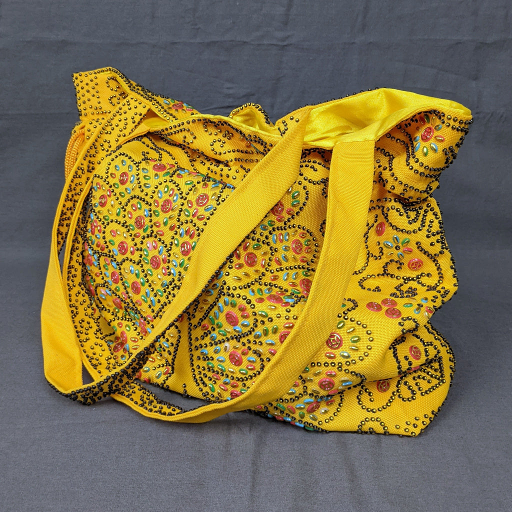 1970s Bright Yellow Beaded Peacock Vintage Tote Bag