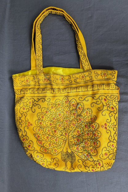 1970s Yellow Beaded Peacock Vintage Tote Bag