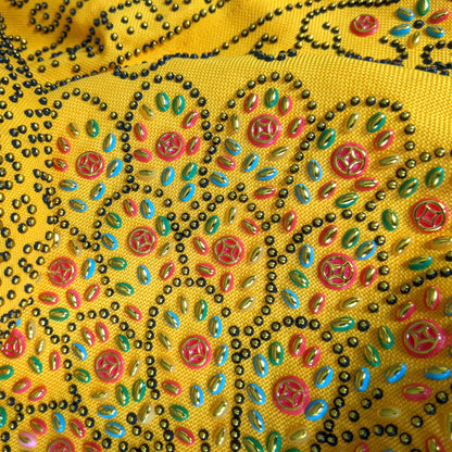 1970s Bright Yellow Beaded Peacock Tote Bag