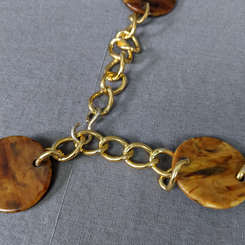 1960s Round Faux Tortoise Shell and Gold Tone Chain Belt | L