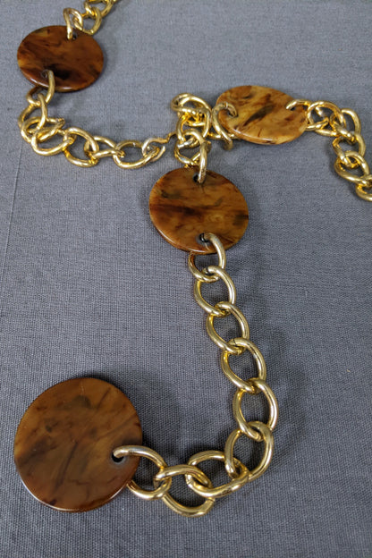 1960s Round Faux Tortoise Shell and Gold Tone Chain Belt | L