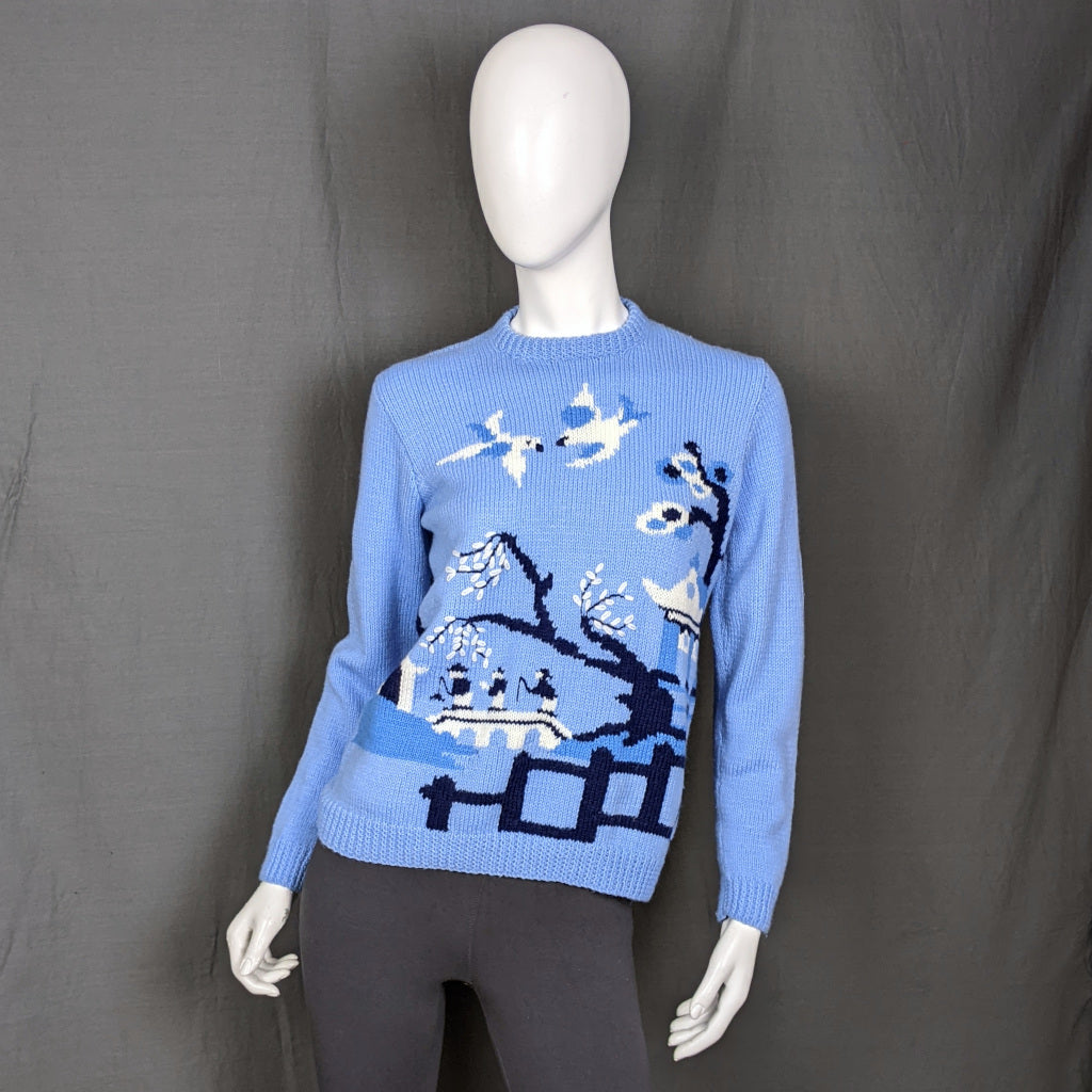 1980s Light Blue Willow Print Handknitted Vintage Jumper