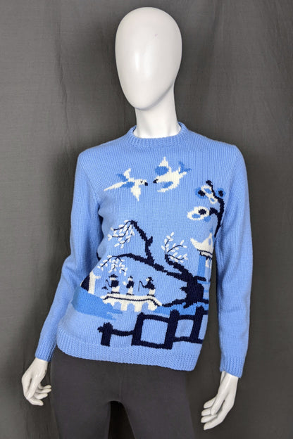 1980s Light Blue Willow Print Handknitted Jumper | M