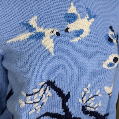 1980s Light Blue Willow Print Handknitted Jumper | M