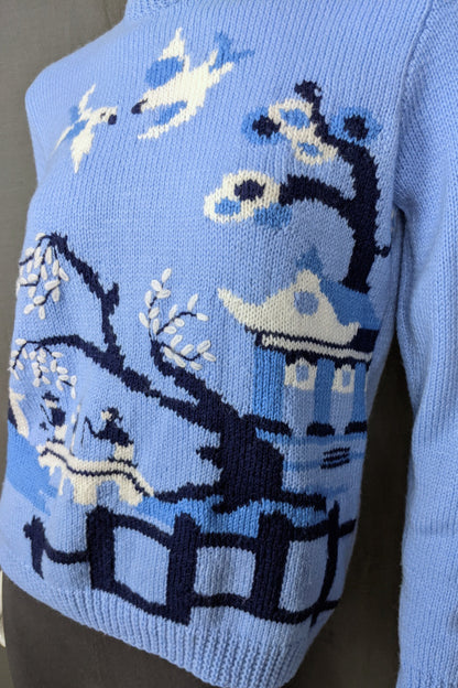 1980s Light Blue Willow Print Handknitted Jumper | M