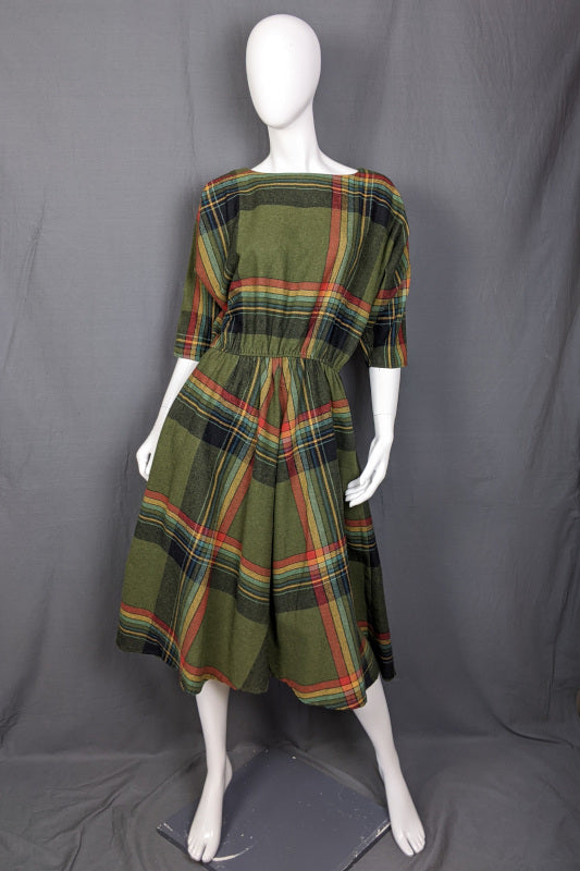 1980s Green Check Winter Vintage Dress