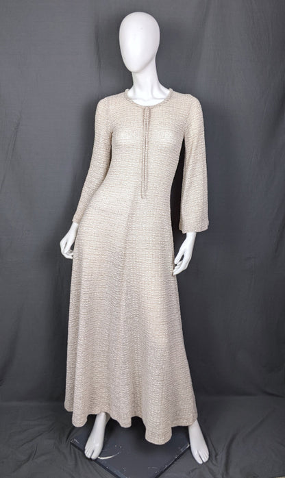 1970s Cream Knit Bell Sleeve Vintage Maxi Dress