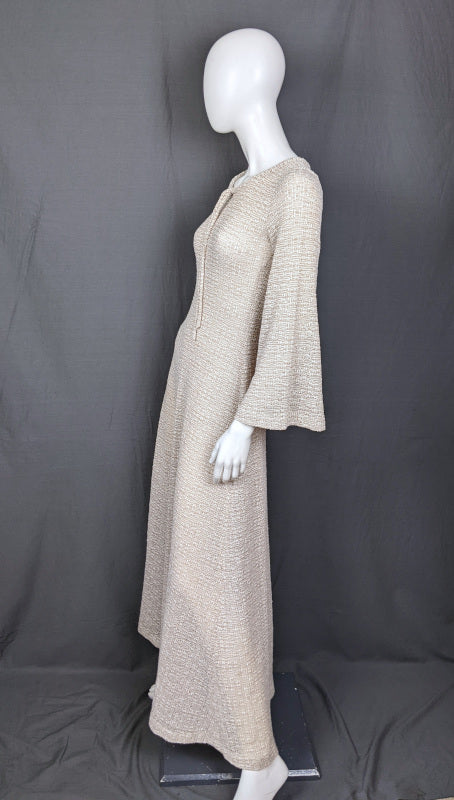 1970s Cream Knit Bell Sleeve Vintage Maxi Dress