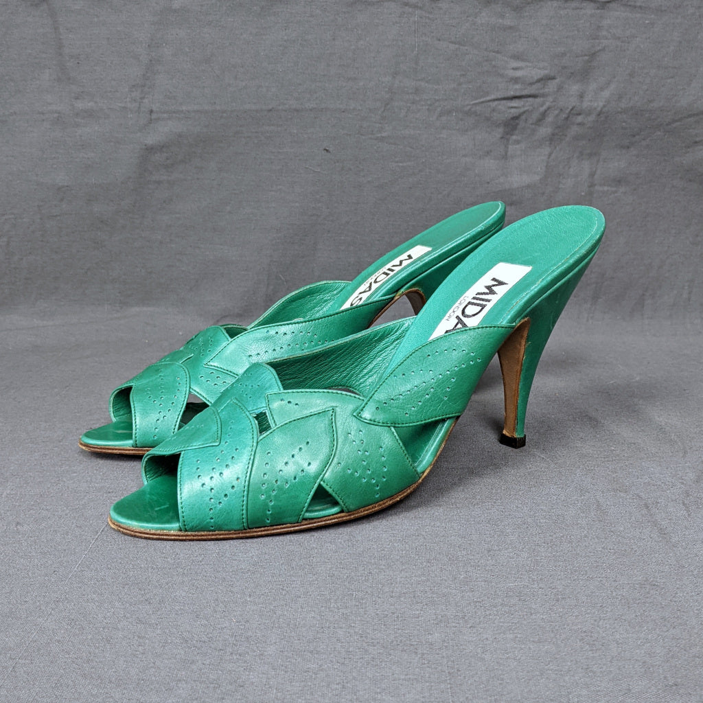 1980s Jade Green Peep Toe Leather Leaf Vintage Heels, by Midas