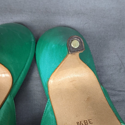 1980s Jade Green Peep Toe Leather Heels | Midas | UK 5.5
