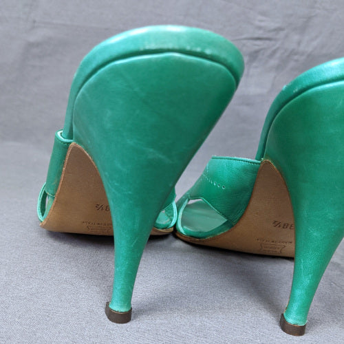 1980s Jade Green Peep Toe Leather Leaf Heels, by Midas | UK 5.5