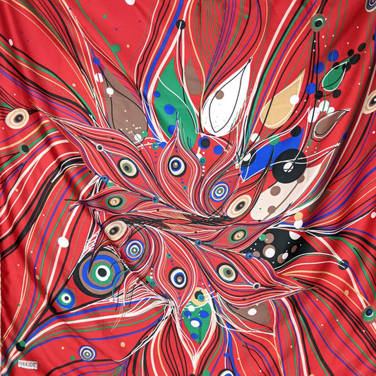 1990s Red Abstract Peacock Feather Vintage Silk Scarf