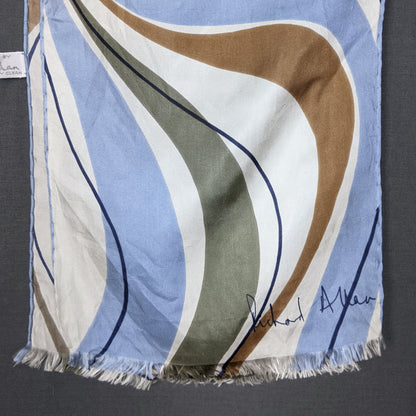 1970s Light Blue and Brown Swirl Long Vintage Silk Scarf | Richard Allen