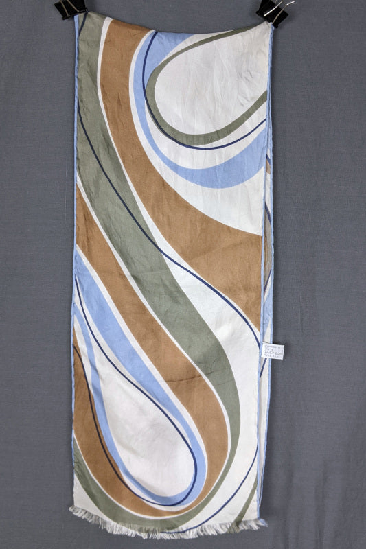 1970s Light Blue and Brown Swirl Long Silk Scarf | Richard Allen