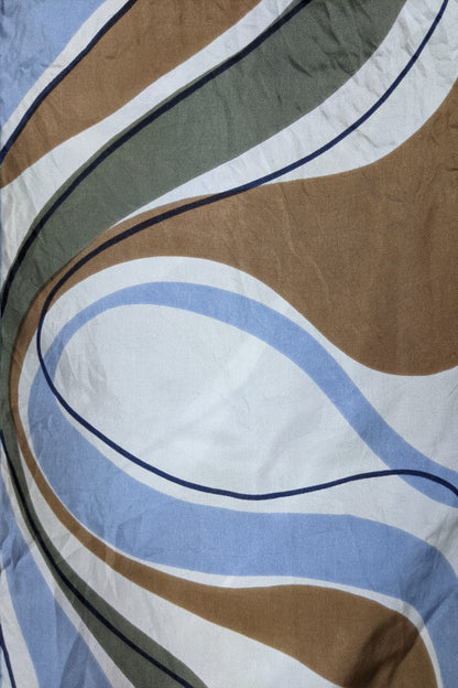 1970s Light Blue and Brown Swirl Long Silk Scarf | Richard Allen