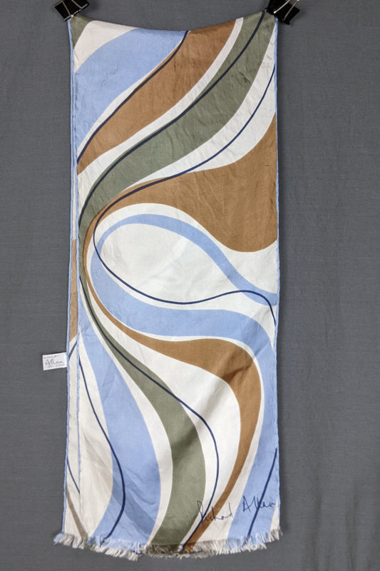 1970s Light Blue and Brown Swirl Long Vintage Silk Scarf, by Richard Allen