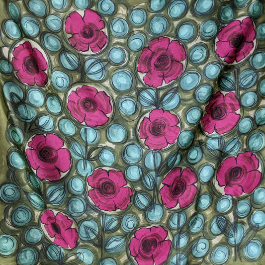 1950s Green and Pink Flower Meadow Vintage Scarf