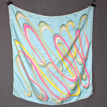 1960s Light Blue and Neon Swirl Silk Scarf