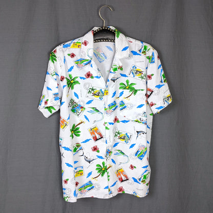1980s White Cotton Jamaica Novelty Print Vintage Mens Shirt