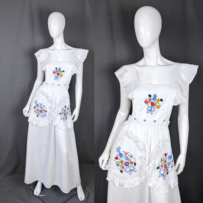 1970s Embroidered White Apron Vintage Prairie Dress