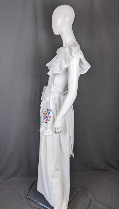 1970s Embroidered White Apron Prairie Dress | M