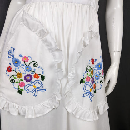 1970s Embroidered White Apron Prairie Dress | M