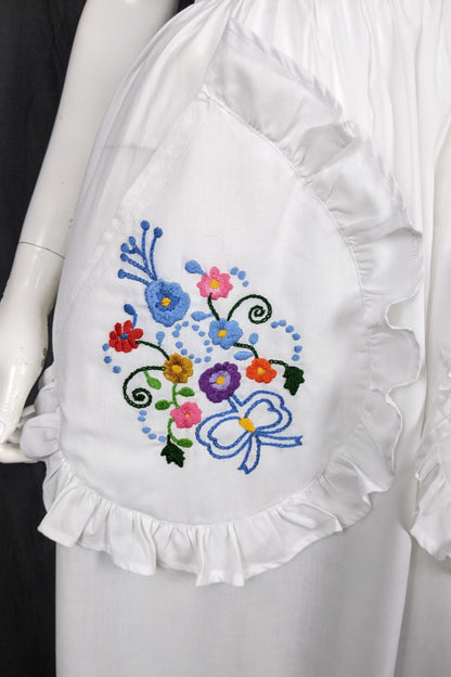 1970s Embroidered White Apron Prairie Dress | M