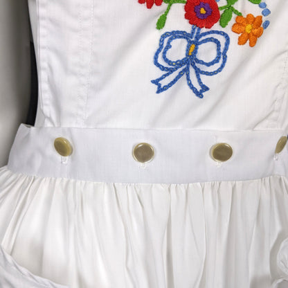 1970s Embroidered White Apron Prairie Dress | M