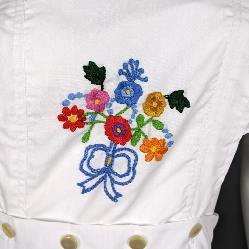 1970s Embroidered White Apron Prairie Dress | M