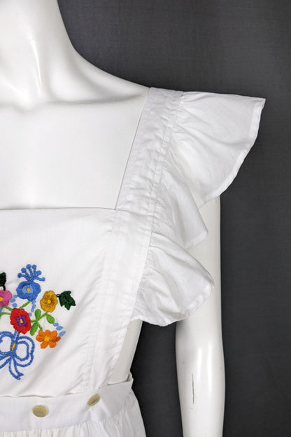 1970s Embroidered White Apron Prairie Dress | M