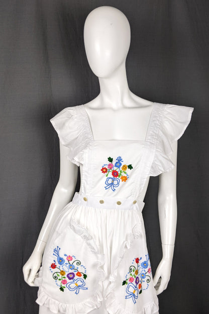 1970s Embroidered White Apron Prairie Dress | M