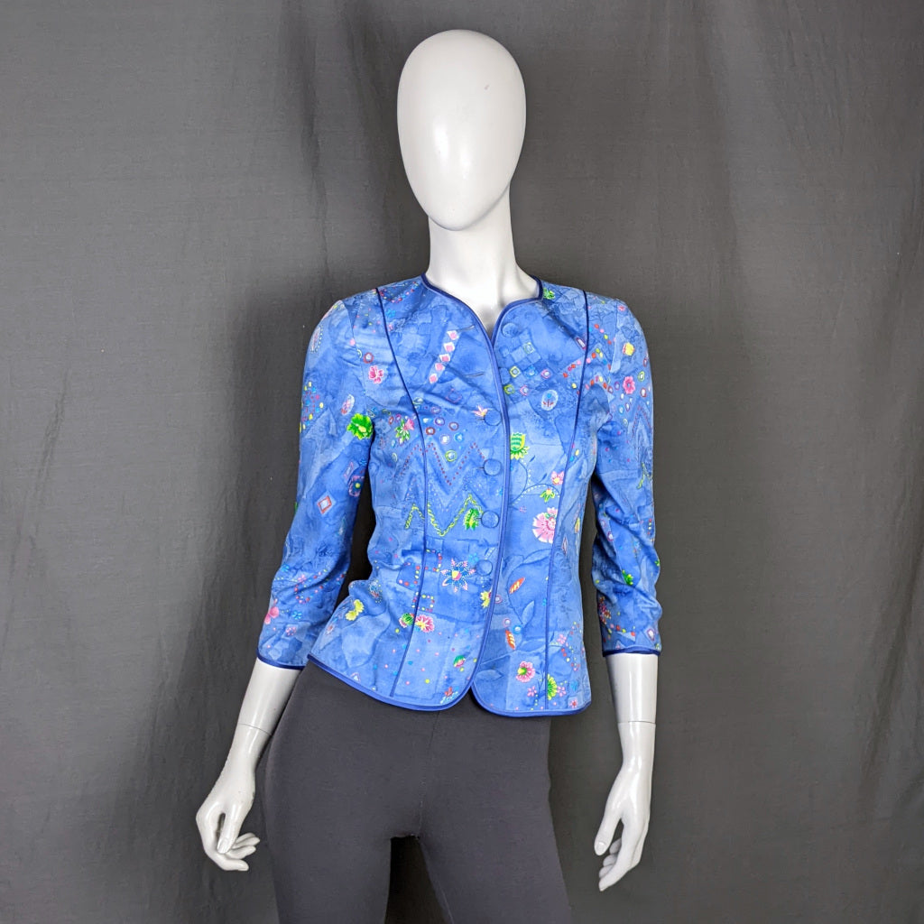 1980s Blue Geo Floral Jacket Vintage Anna Belinda