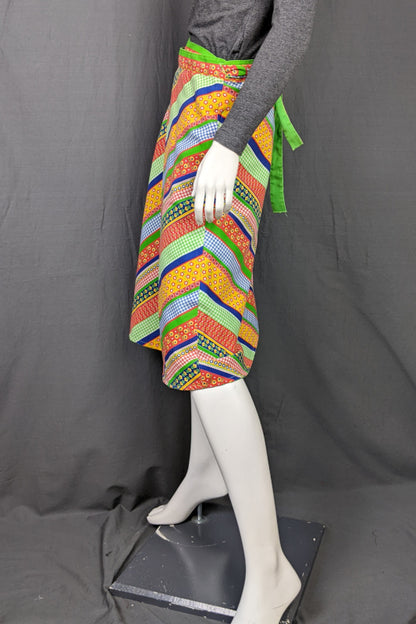 1970s Reversible Lime Green Chevron Wrap Skirt | M