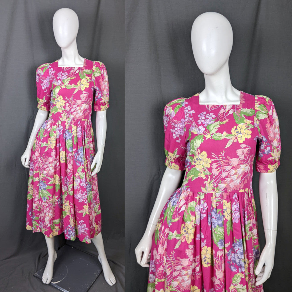 1980s Pink Pansies Floral Tea Dress Vintage Laura Ashley