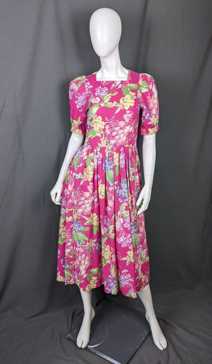 1980s Pink Pansies Floral Tea Dress Vintage Laura Ashley