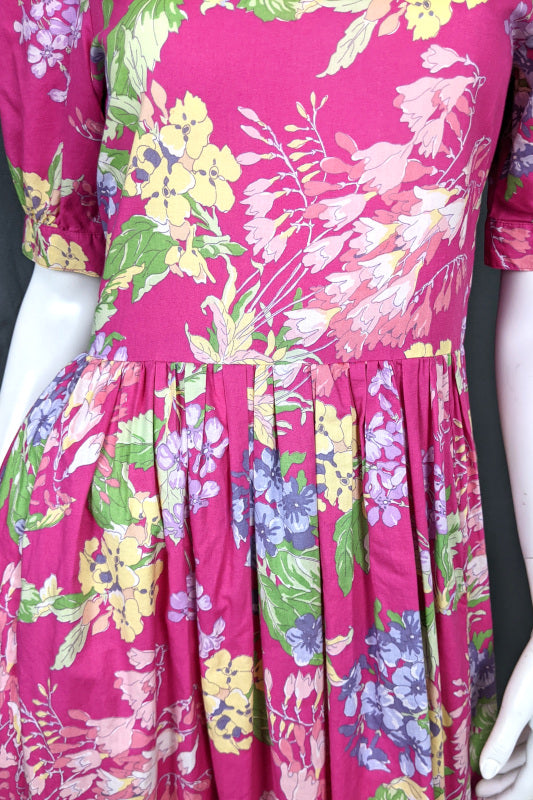 1980s Pink Pansies Floral Tea Dress | Laura Ashley | S