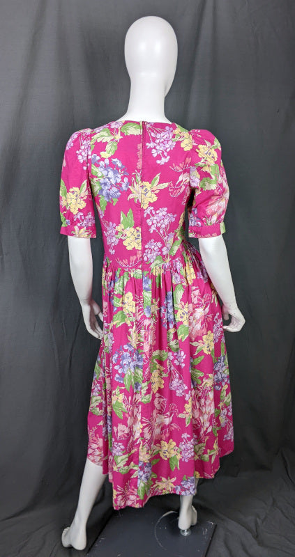 1980s Pink Pansies Floral Tea Dress | Laura Ashley | S