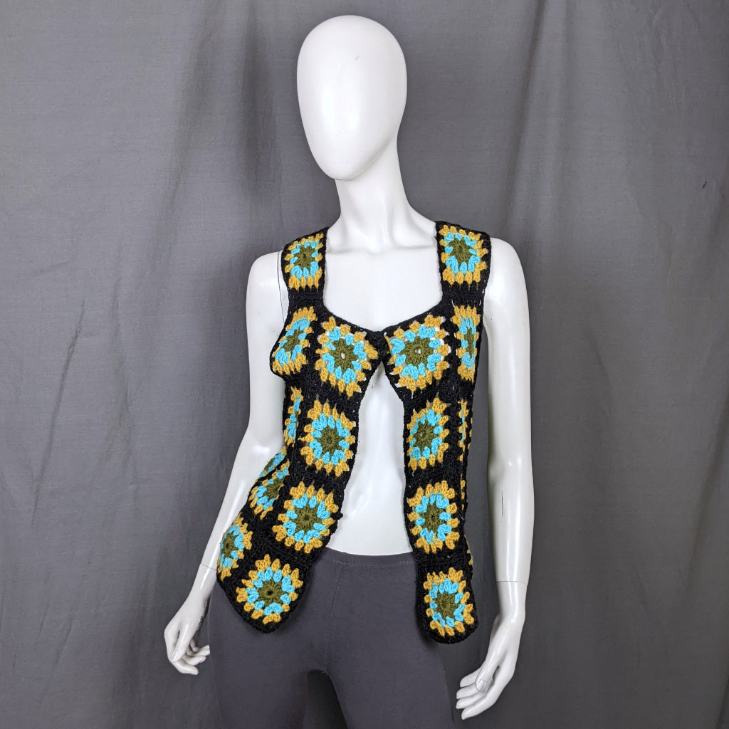 1960s Black & Blue Vintage Crochet Waistcoat 