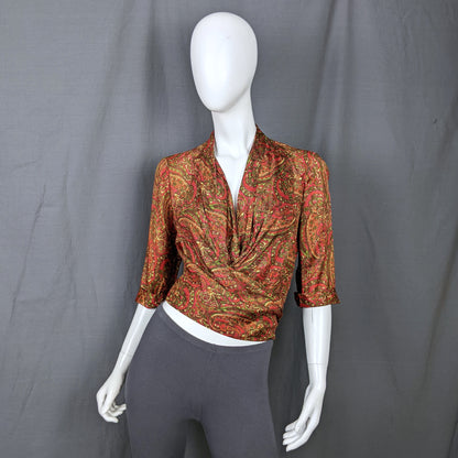  1960s Green & Red Paisley Vintage Wrap Front Top | Bernella