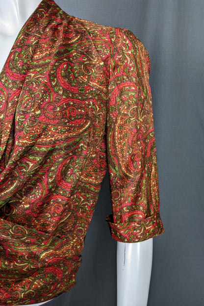 1960s Green & Red Paisley Wrap Front Top | Bernella | M