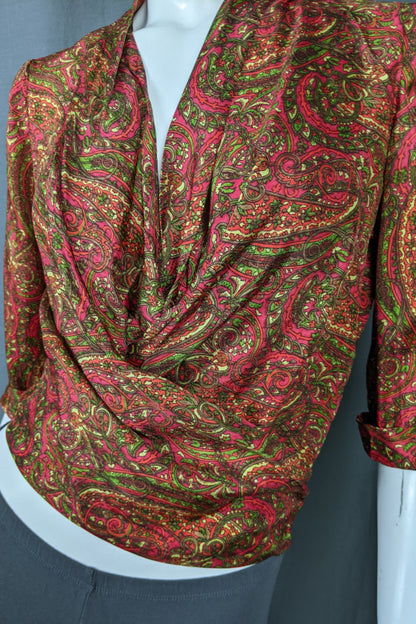 1960s Green & Red Paisley Wrap Front Top | Bernella | M