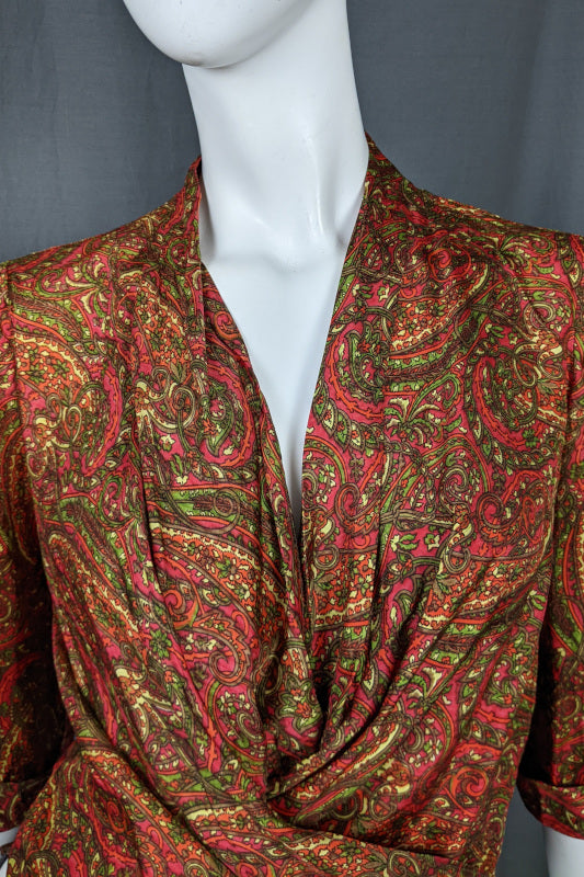 1960s Green & Red Paisley Wrap Front Top | Bernella | M