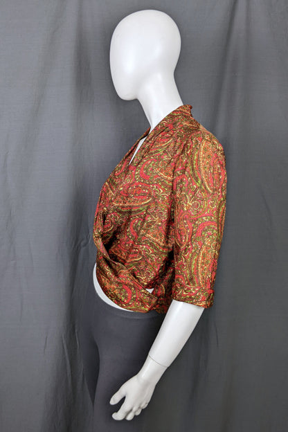 1960s Green & Red Paisley Wrap Front Top | Bernella | M